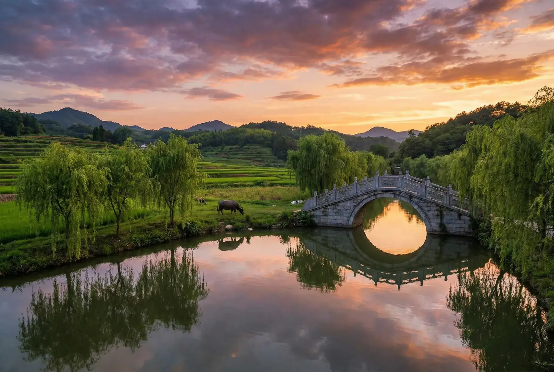 夕阳下的石拱桥与垂柳，水牛在河边吃草 - 使徒行者迅雷下载 乡村美景